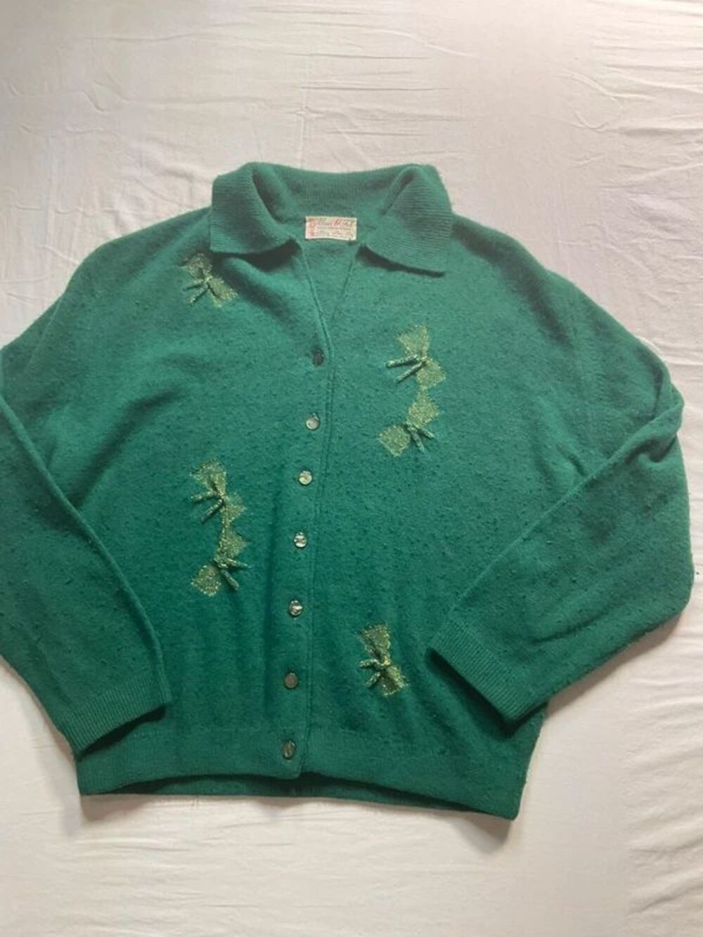 Vintage 50s Maid O' Fur Lambswool Fur Blend Cardigan Emerald Green Bows M